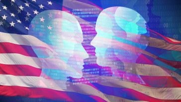 Silhouettes of two faces superimposed over the United States flag.
