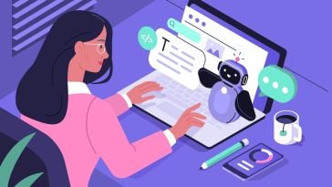 Illustration of a woman typing on a laptop with a chatbot interface guiding her.