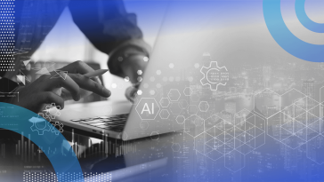 A close up of a tech worker with a stylus working on a laptop with an AI overlay
