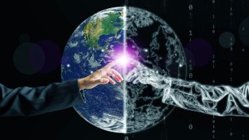 An hand reaching out and touching a hologram hand, against the backdrop of a glob that is half-real-half-hologram