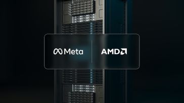 A tall server rack in a dark setting features a central black banner displaying the white side-by-side logos of Meta and AMD.