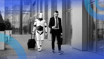A man in a suit on the street looks at a smartphone while a robot with a suitcase follows him
