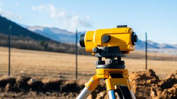 A yellow surveying instrument with "26x" on its side is mounted on a tripod in a rural field. Mountains and a blue sky are visible in the background.