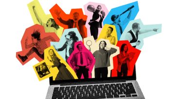 A collage of tech employees as paper cutouts coming out of a laptop screen to show the idea of team cultures where employees enjoy working.