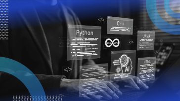 A developer works on a laptop with different computer languages and an AI coding assistant