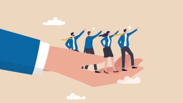 An illustration of four businesspeople pointing toward the horizon while standing in the palm of a giant hand, symbolizing the idea of a vision-driven culture