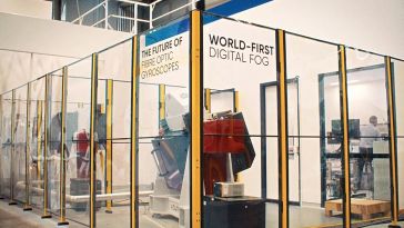 A modern laboratory with transparent walls showcases advanced equipment. Signs read “The Future of Fibre Optic Gyroscopes” and “World-First Digital Fog.”