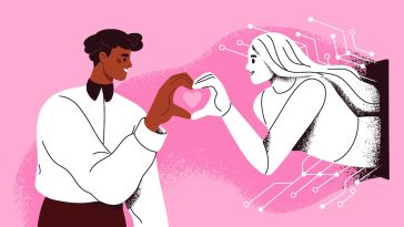 Illustration of a man holding his hand up to the hand of a digital woman so they form a heart