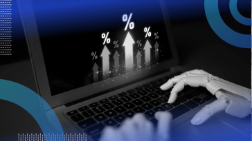 Robotic hands type on a laptop showing bar graphs going up