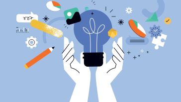 An illustration of two hands cradling a lightbulb, surrounded by icons like a pencil, a puzzle piece, a clock and a pie chart, symbolizing the idea of innovation