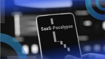 A smartphone that says "SaaSpocalypse" with a collapsing graph