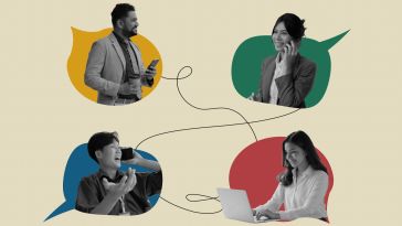 A collage of tech workers communicating clearly with one another through colorful speech bubbles to show the idea of employee well-being and open communication.   