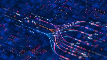 Abstract image of data flow in neon colors on a dark blue background. Lines and graphs converge, symbolizing network connections and digital information.