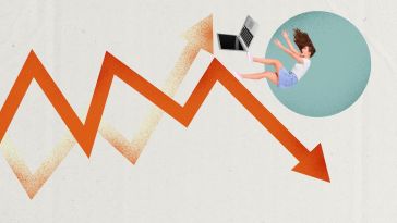 Chart arrows go up and down, with a person and their laptop falling off the edge of an arrow.