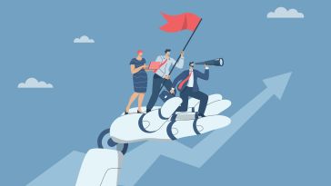 An image of a giant robotic hand with an outstretched palm holding a professional looking at their laptop, another professional holding a flag and a third professional looking through a looking glass, symbolizing the idea of AI supporting business goals