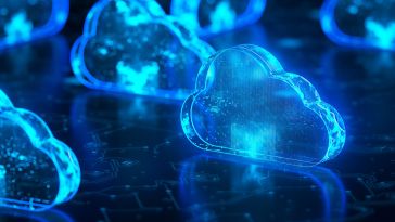 Glowing blue cloud illustrations to represent cloud computing.