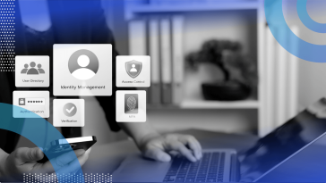 A user works on a laptop with a smartphone and identity access icons