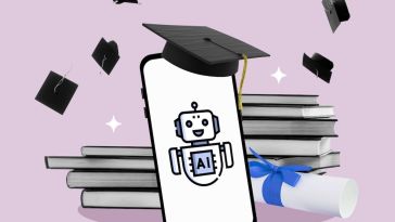 A mobile phone displaying robot has a mortarboard sitting atop it. Books and a diploma are in the background, along with other mortarboards thrown in the air. All this overlays a light-pink background.