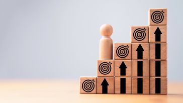 A photo of wooden blocks and a figure climbing them like steps with targets on each, to show the idea of pay increase at work. 