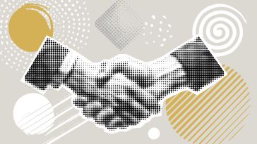 A collage of shapes and two hands shaking to show the idea of a job interview. 