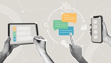 An image of hands working on checklists and using text bubbles to complete a project. 