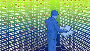 A person working at a computer with lights surrounding him.