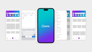 Canva mobile app interface displayed across several phone screens, including the Canva logo, search, menu and project navigation features.