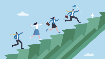 An illustration of four professionals racing up a series of upward-facing arrows, symbolizing the idea of company growth