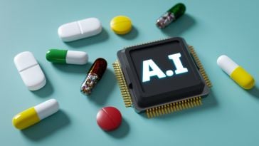 Pills are resting on a turquoise surface, along with a computer chip with "AI" written on it. 