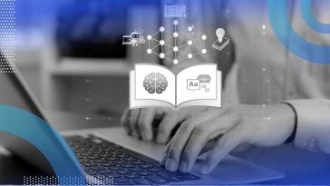 A closeup of hands typing on a laptop with a glowing book with AI concepts above it