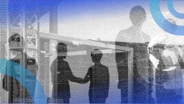 A group of workers interact underneath an overlay of a bridge, buildings, and a globe