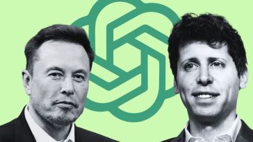 Headshots of Elon Musk and Sam Altman, superimposed over a light-green background with the OpenAI logo.