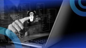 A developer touches an AI agent icon in front of a laptop