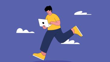 An illustration of a software engineer running while holding a laptop, symbolizing the idea of balancing speed and efficiency