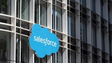 The Salesforce logo on the side of a building.