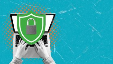 A collage of hands over a laptop with an icon of a shield and a lock to show the idea of cybersecurity.