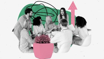 A collage of people around a table collaborating as a team with abstract shapes around them to show the idea of a thriving team culture. 