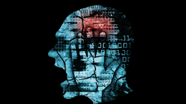 A man's head filled with computer code.