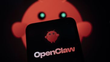 The OpenClaw logo displayed on a black phone screen, with a larger OpenClaw logo in the background behind the phone.