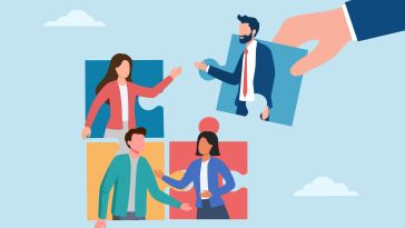 A human places a puzzle piece to complete a puzzle comprised of the profiles of different businesspeople, symbolizing the idea of finding someone who is the right fit 