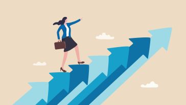 An illustration of a businesswoman holding a briefcase and walking up a bunch of arrows pointed toward the sky to illustrate business success.