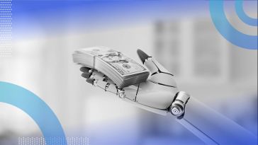 A robot hand holds a stack of $100 bills