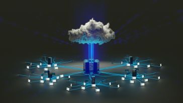 A cloud floats over a server connected to computers.