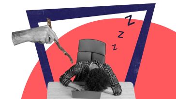 A hand uses a stick to poke an AI user sleeping on their laptop.