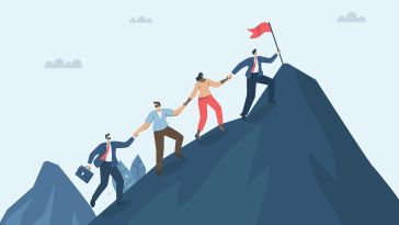 An illustration of a businessman holding a red flag while leading three other businesspeople to the top of a mountain