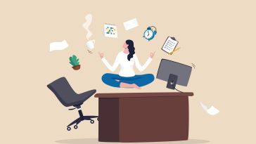 An illustration of a businesswoman levitating above her desk, seated in a yoga meditation position, while icons representing work, such as a clock, a to-do list and a coffee mug, hover around her. 