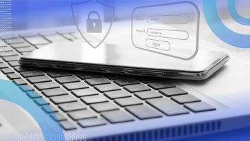 A smartphone and a laptop with cybersecurity overlays
