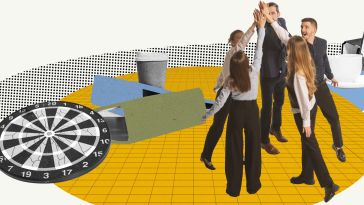 A collage of people high-fiving with images like a dart board and binders around them to show the idea of empowering employees to be successful 