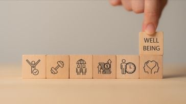 A photo of wooden blocks with physical, mental and emotional health icons to show the idea of employee wellbeing.