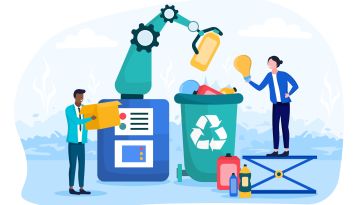 An illustration of a robot sorting recycling with two people to show the idea of working with green tech. 